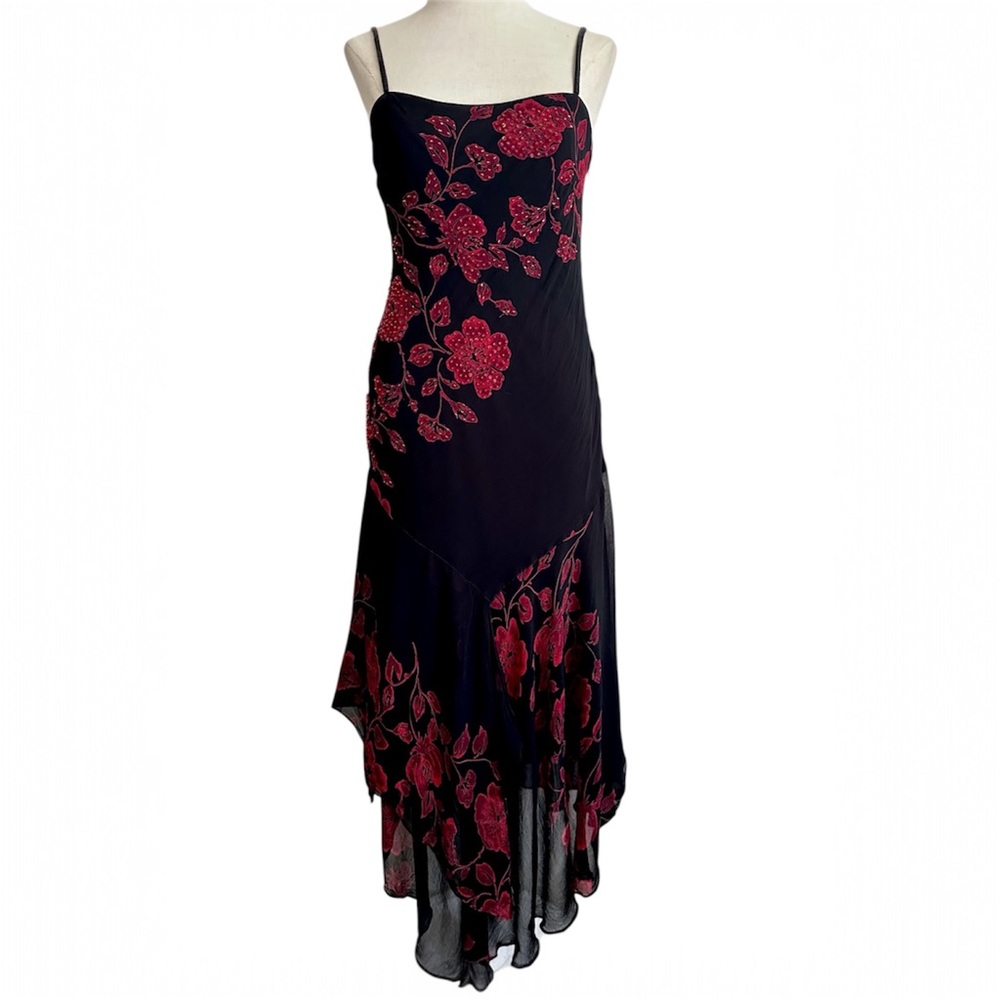 Vintage Eva Blue Bias Cut Dress Dark Fairy Black With Red Roses Beaded Medium